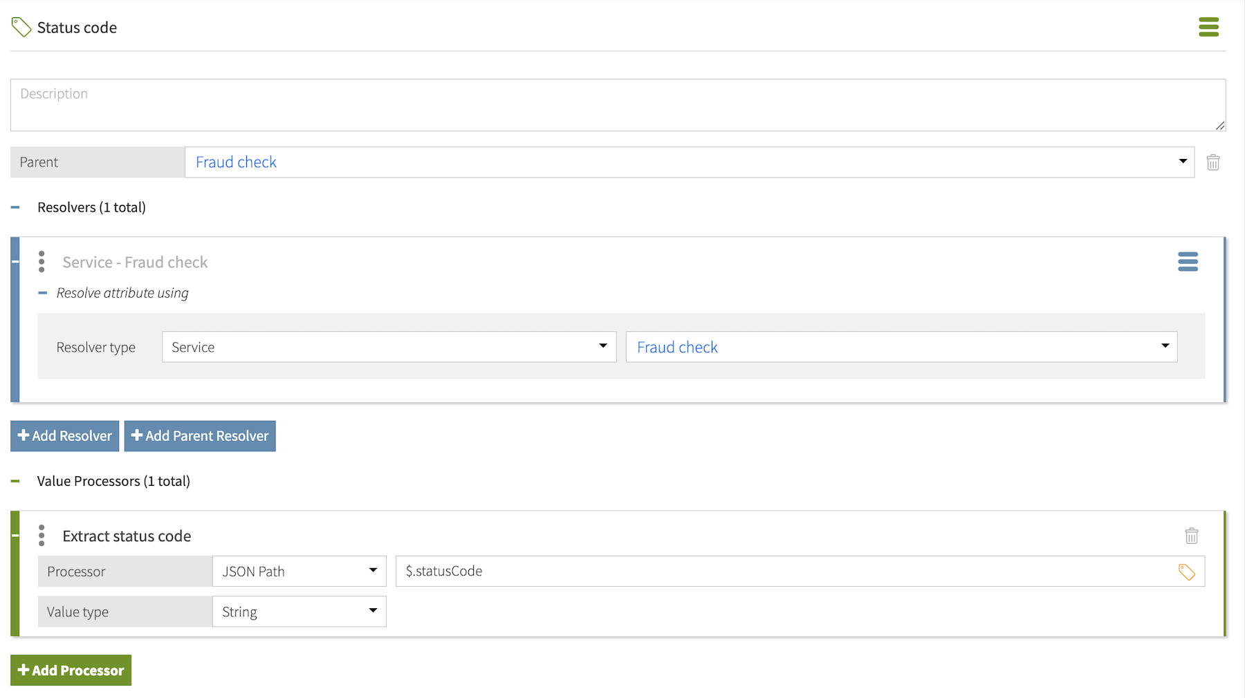 Screen capture of a status code attribute that resolves from the fraud service.