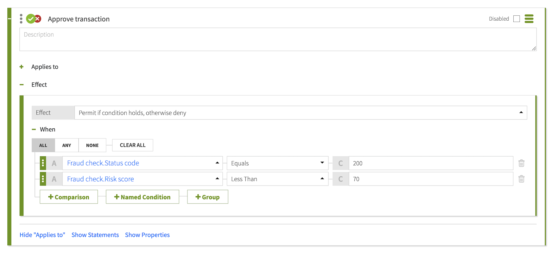 Screen capture of a policy that permits transactions with 200 status codes and low risk scores.