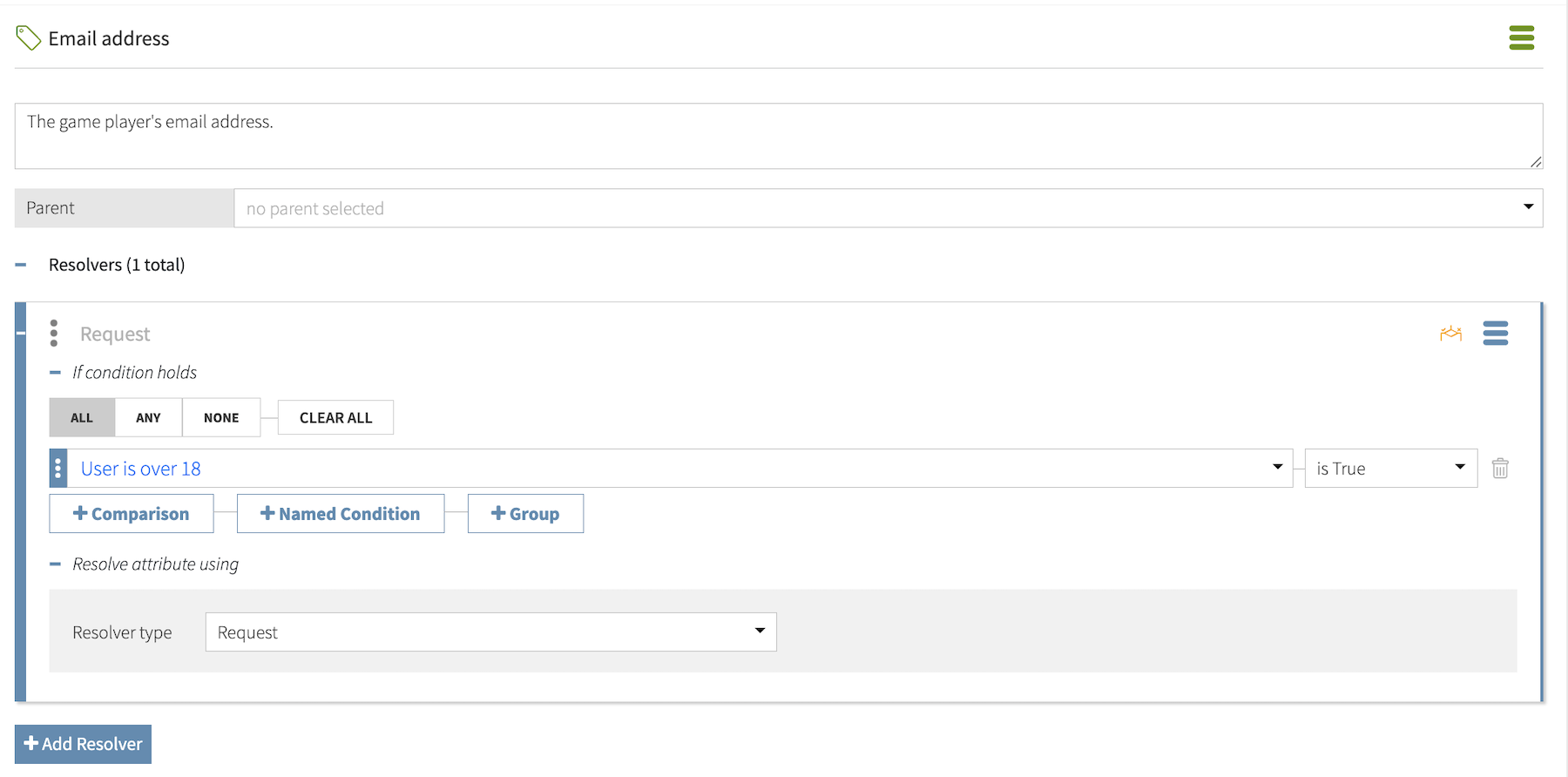 Screen capture of a conditional resolver that resolves the player’s email address only when the User is over 18