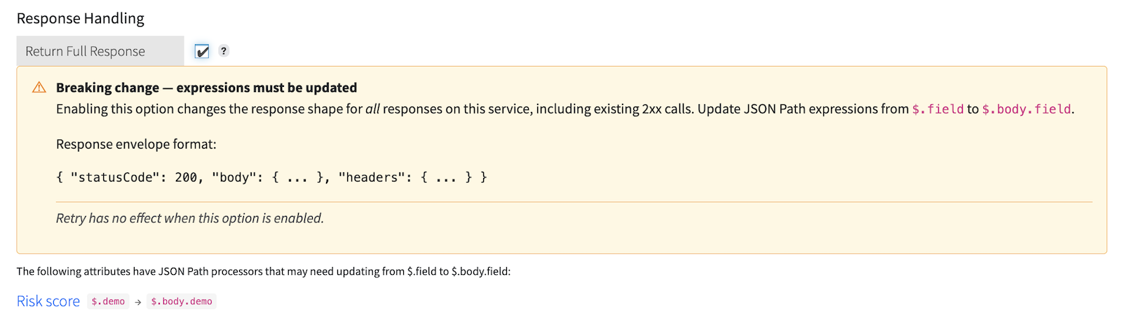 Screen capture showing the Return Full Response setting for an HTTP service