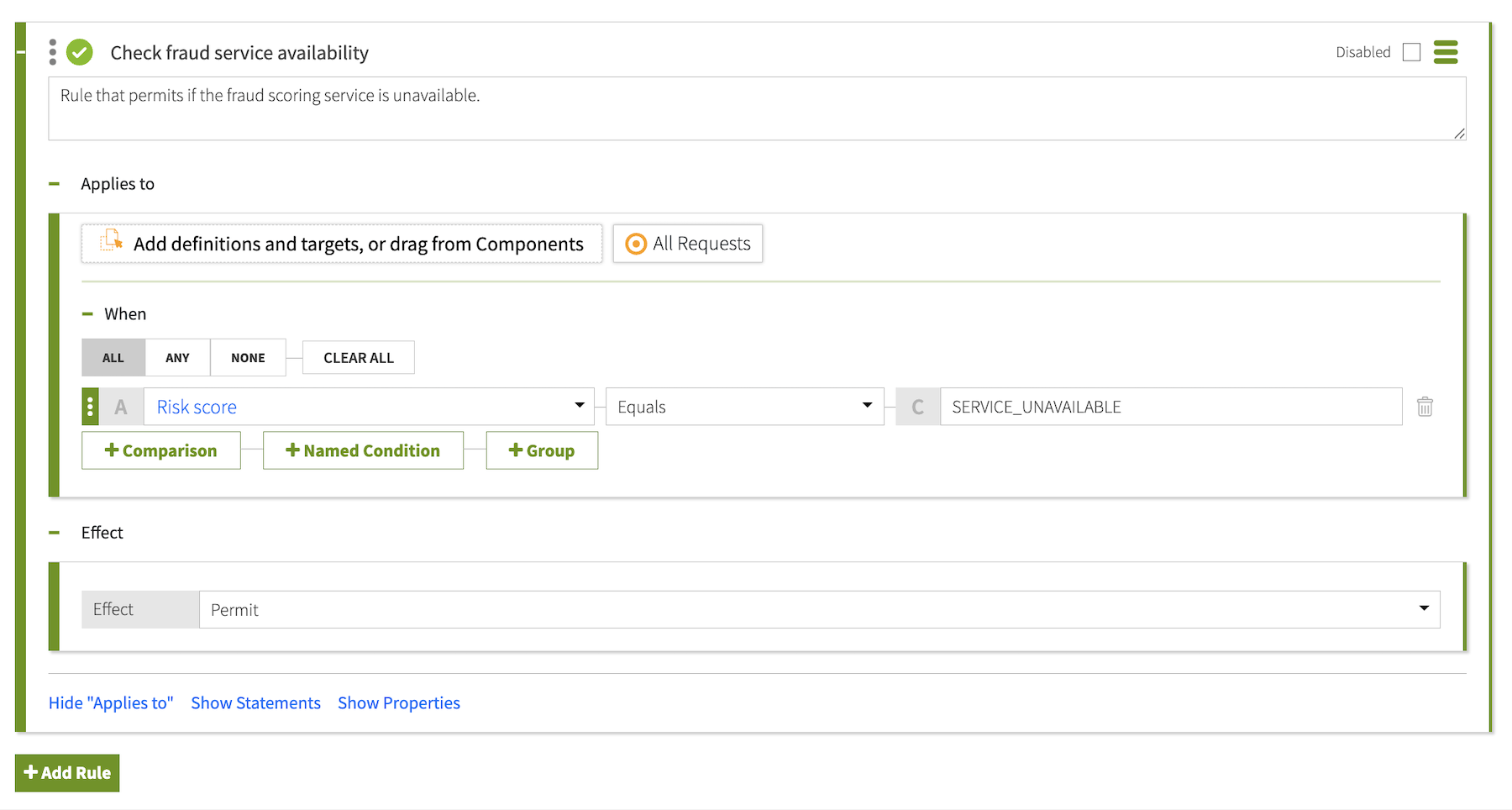 Screen capture of a policy with a rule that returns Permit if the attribute equals SERVICE_UNAVAILABLE