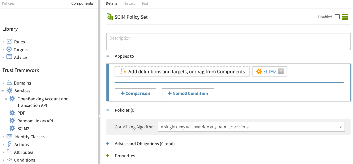 Screen capture of the SCIM Policy Set with an Applies to target and Combining Algorithm configured as specified