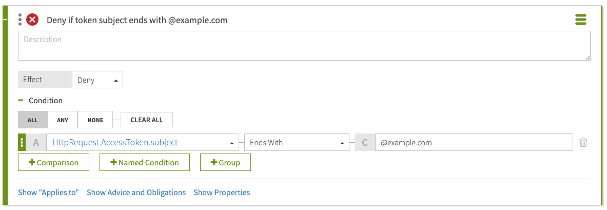 Screen capture of the rule definition with a rule condition targeting subjects that end with @example.com