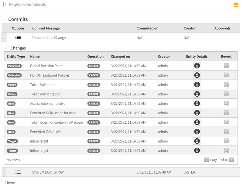 Screen capture of the Commits table with the full list of Uncommitted Changes expanded.