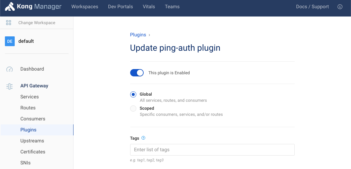 Screen capture of the Update ping-auth plugin window enabling the ping-auth plugin in Kong Manager