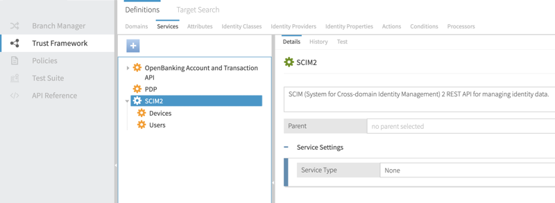 Screen capture of the Trust Framework with the Services tab selected and the SCIM2.Devices and SCIM2.Users services defined