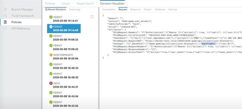 Screen capture that shows the Decision Visualiser where the decision’s request has a gateway object that includes UserFromUrl