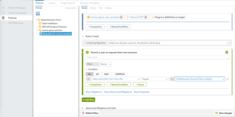 Screen capture that shows the rule to permit a user to request their own answers, configured as specified