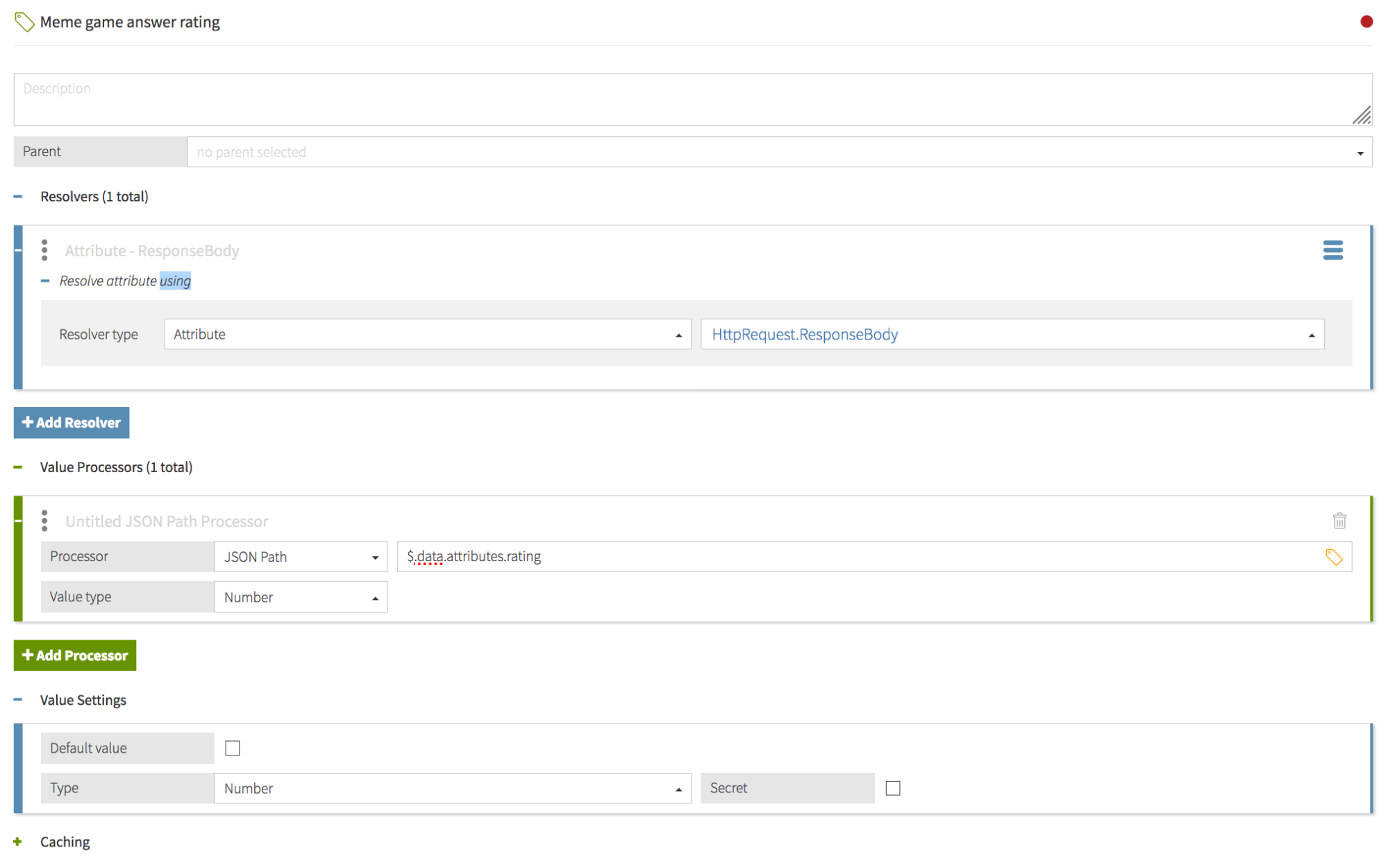 Screen capture of the attribute definition window with a Resolver, Value Processor, and Value Setting configured as specified