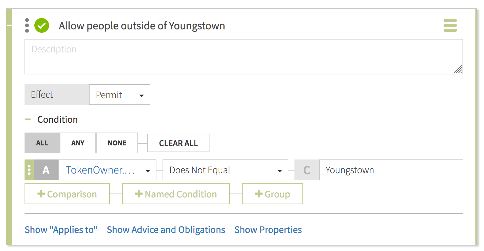 Screen capture of rule to allow people outside of Youngstown with a condition configured as specified