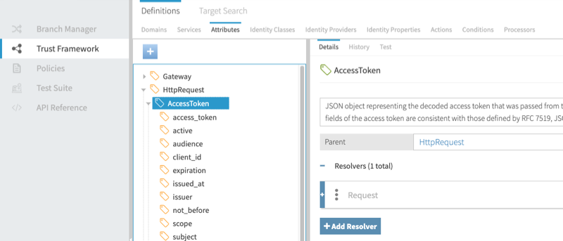 Screen capture of the Trust Framework screen displaying the Attributes tab with the AccessToken entity selected