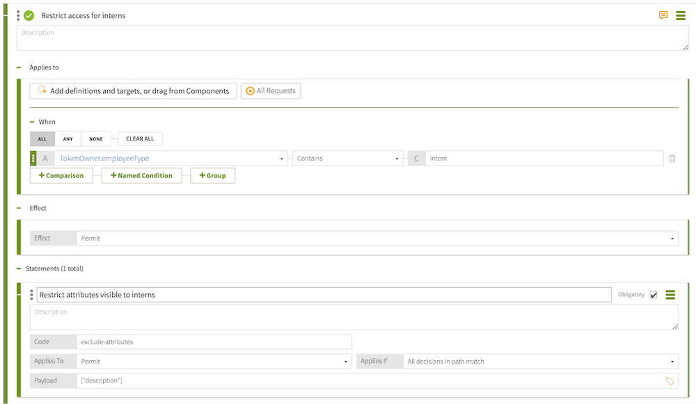 A screen capture of the Restrict Intern Access policy window with the Combining Algorithm and one rule with a statement, both configured as specified