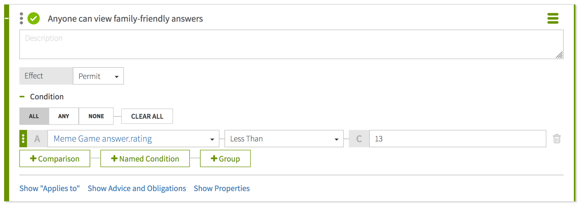 Screen capture of the Anyone can view family-friendly answers rule with a Permit effect and a comparison condition configured as specified