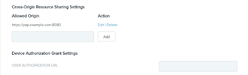 Screen capture of the Cross-Origin Resource Sharing Settings section showing a URL of https://pap.example.com:8080 added to the Allowed Origin field