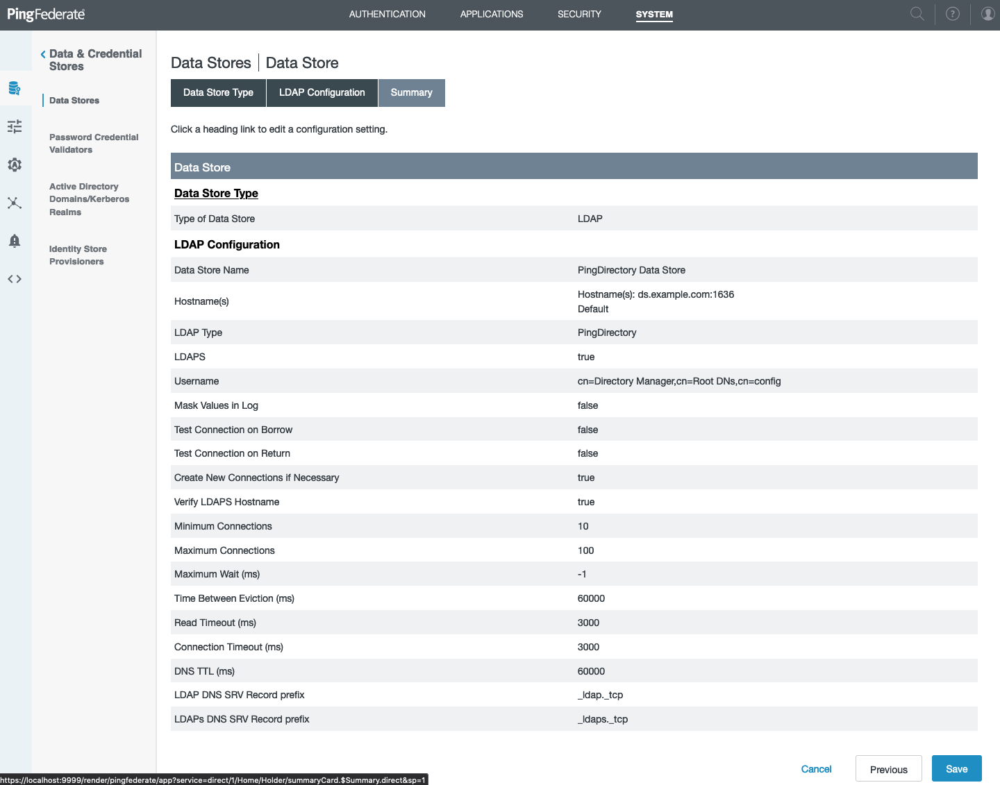 Screen capture of the Summary tab in the Data Stores window, displaying the specified data store configuration