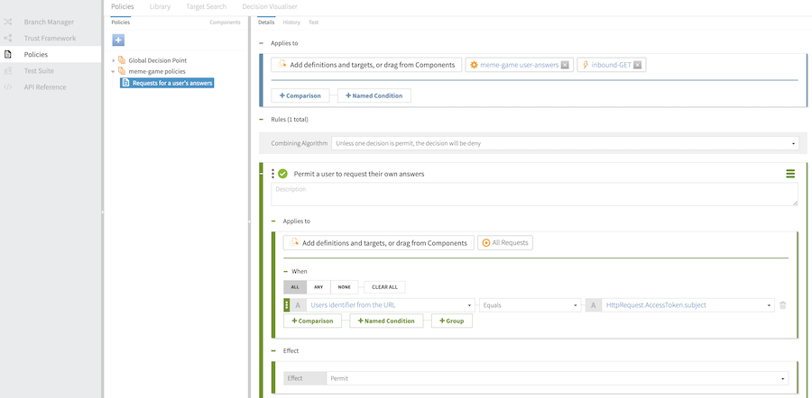 Screen capture that shows the rule to permit a user to request their own answers, configured as specified