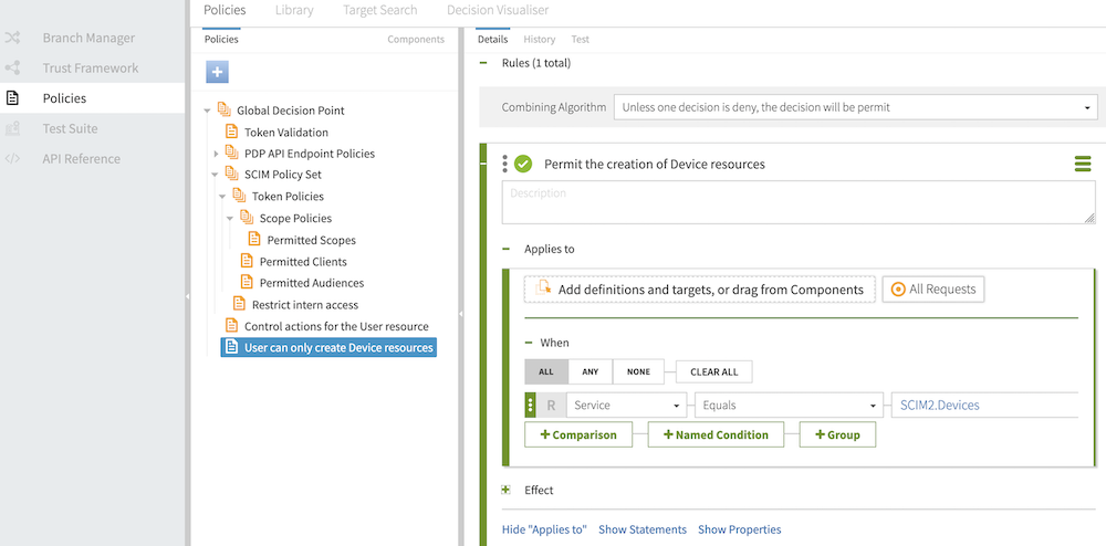 Screen capture of the Policies tab with the User can only create Device resources policy showing, configured as specified