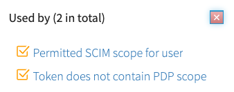 Screen capture of the items that depend on the scope attribute: Permitted SCIM scope for user and Token does not contain PDP scope