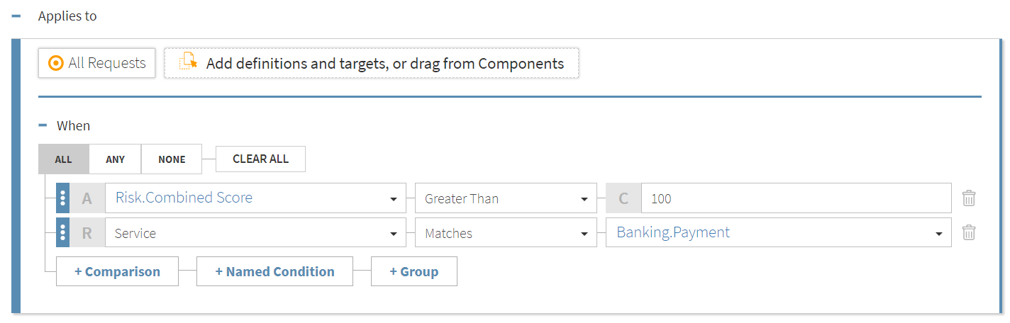 Screen capture of a target that applies to all requests when the Risk.Combined Score attribute is greater than 100 and the service is Banking.Payment