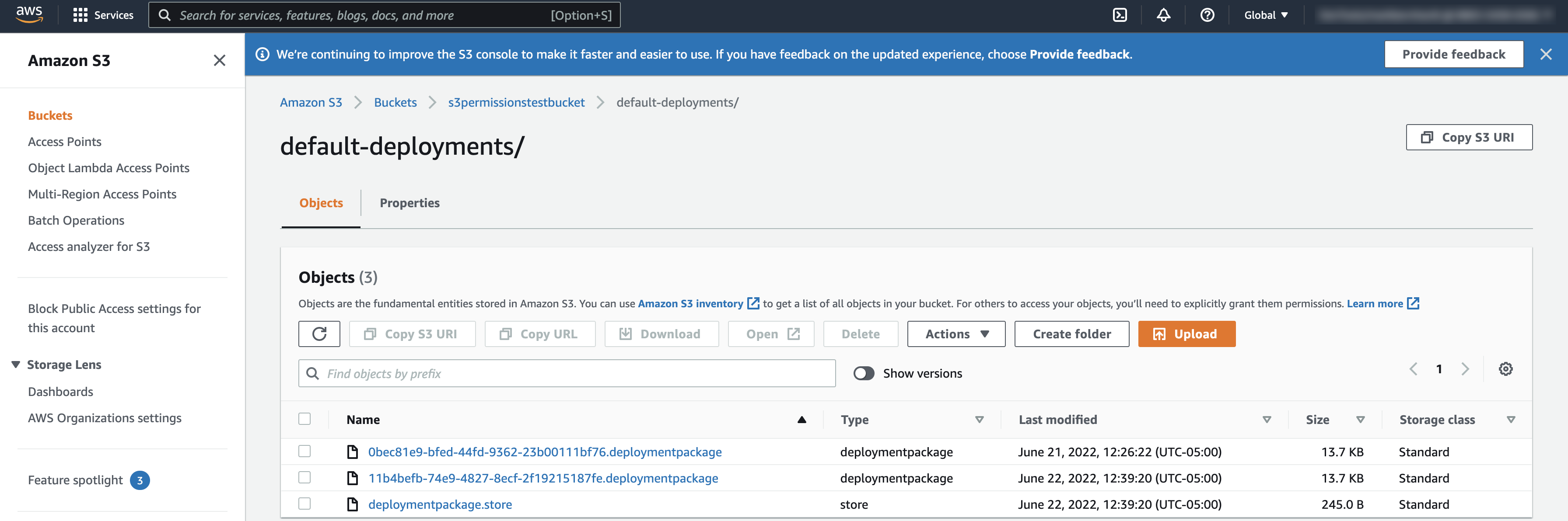 Screen capture showing two published deployment packages on the Objects tab of an S3 bucket within the S3 dashboard of AWS Management Console