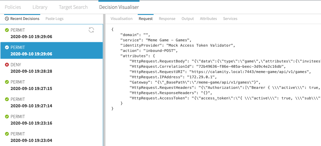 Screen capture of Decision Visualizer showing a policy request that evaluated to permit