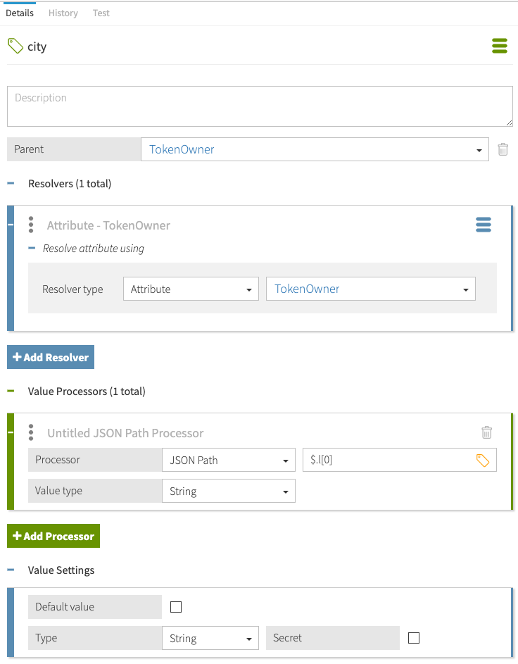 Screen capture of an attribute definition with a Resolver, Value Processor, and Value Setting configured as specified