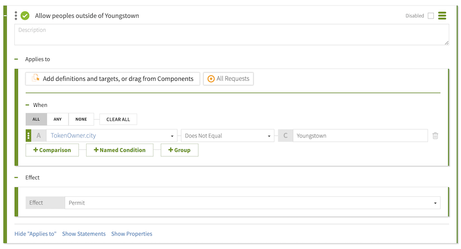 Screen capture of rule to allow people outside of Youngstown with a condition configured as specified