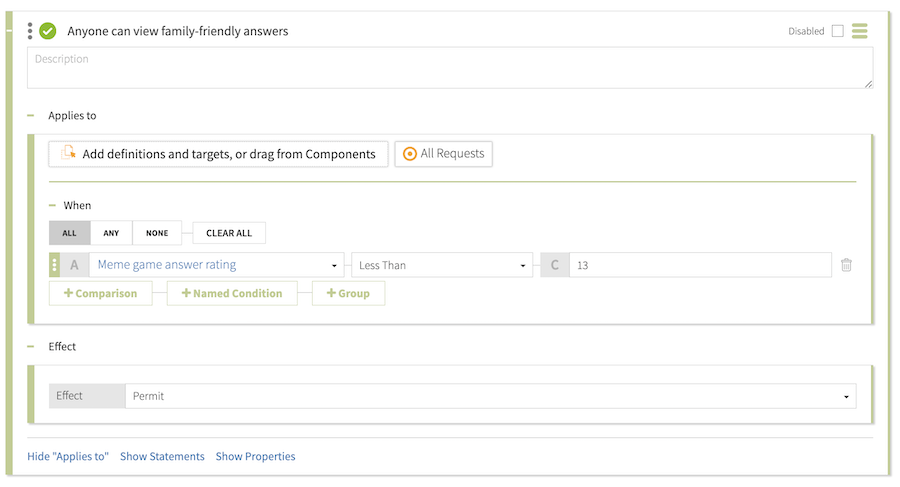 Screen capture of the Anyone can view family-friendly answers rule with a Permit effect and a comparison condition configured as specified