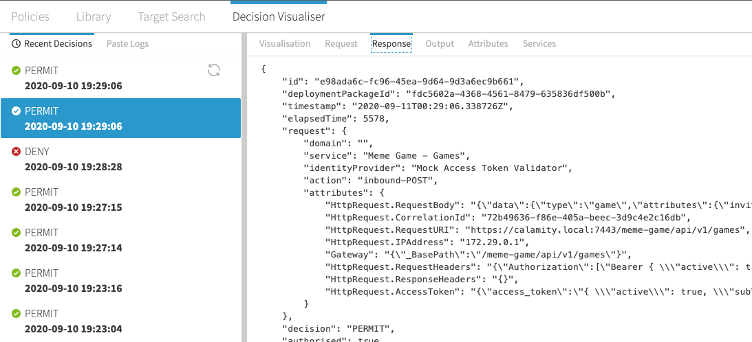 Screen capture of Decision Visualizer showing a policy response that evaluated to permit