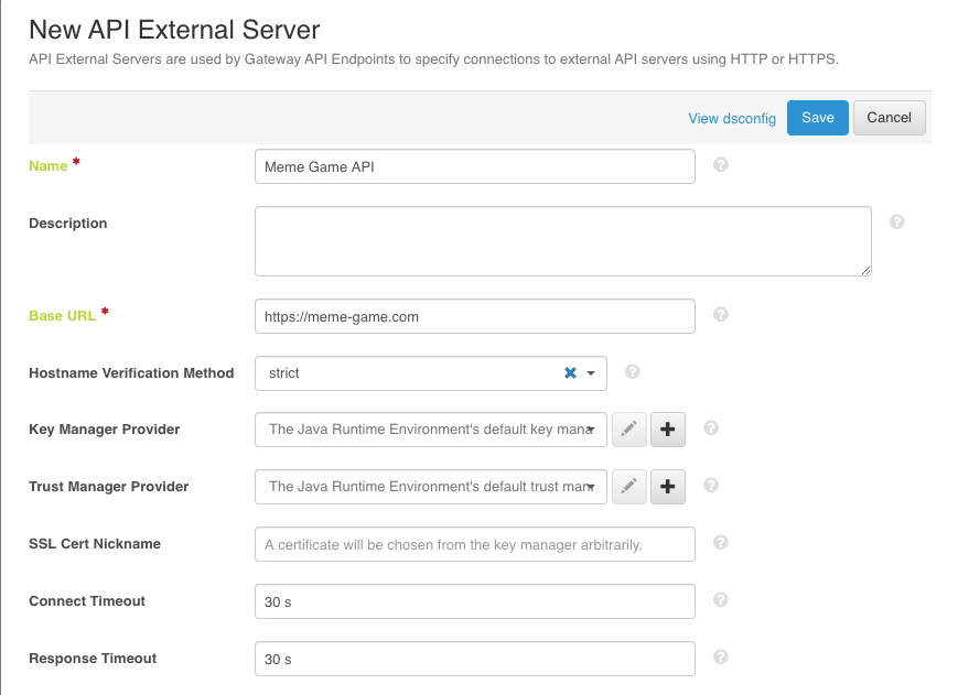 Screen capture of the New API External Server screen with the Name and Base URL fields configured and a Save button in the upper right