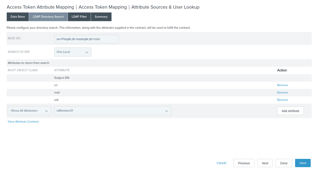 Screen capture of the LDAP Directory Search tab on the Access Token Attribute Mapping window with isMemberOf added as specified and the Save button in the lower right