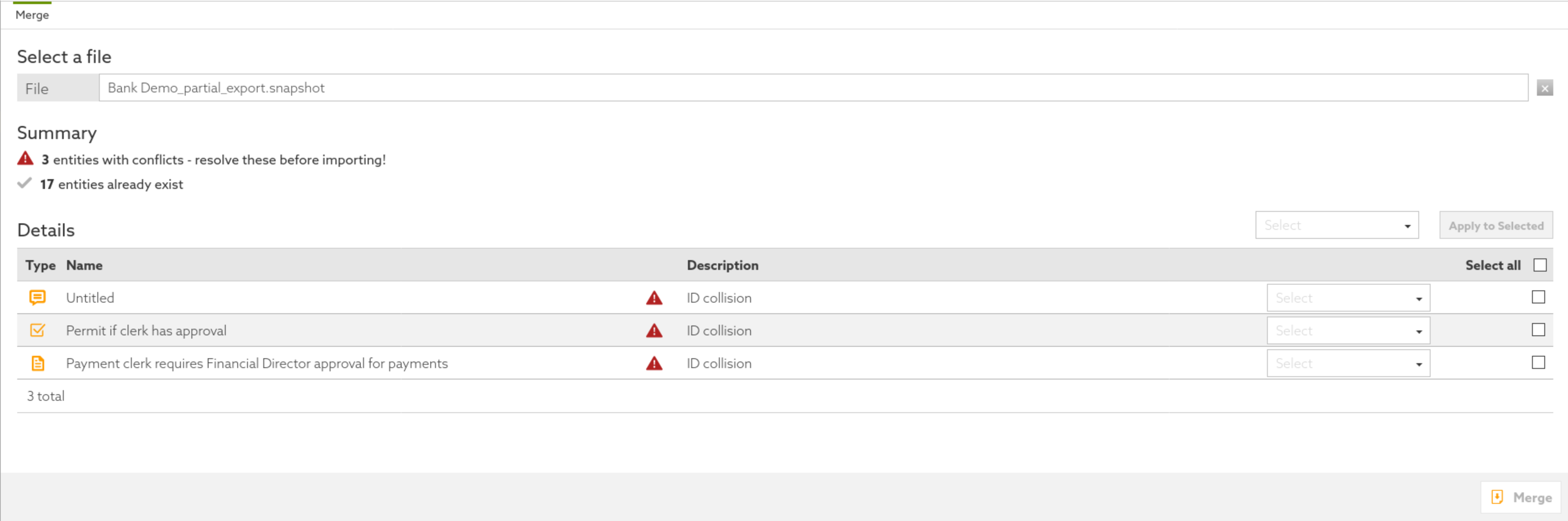 Screen capture of the Merge tab in the Policy Editor, demonstrating the merge conflice resolution process when merging a snapshot