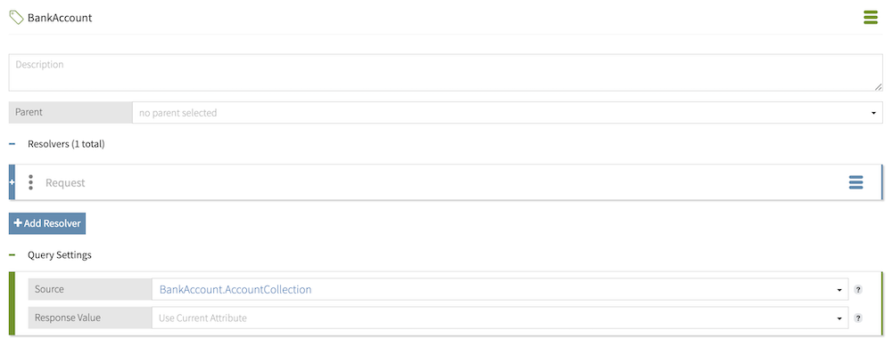 Screen capture of an example BankAccount attribute with query settings enabled and the AccountCollection attribute specified as the source.