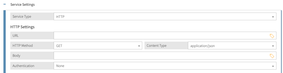 Screen capture showing the Service Type, URL, HTTP Method, Body, and Authentication HTTP service settings.