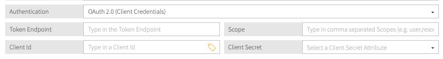 Screen capture showing the Token Endpoint, Scope, Client Id, and Client Secret settings for OAuth 2.0 Client Credentials authentication