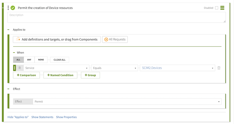 Screen capture of the Policies tab with the User can only create Device resources policy showing, configured as specified