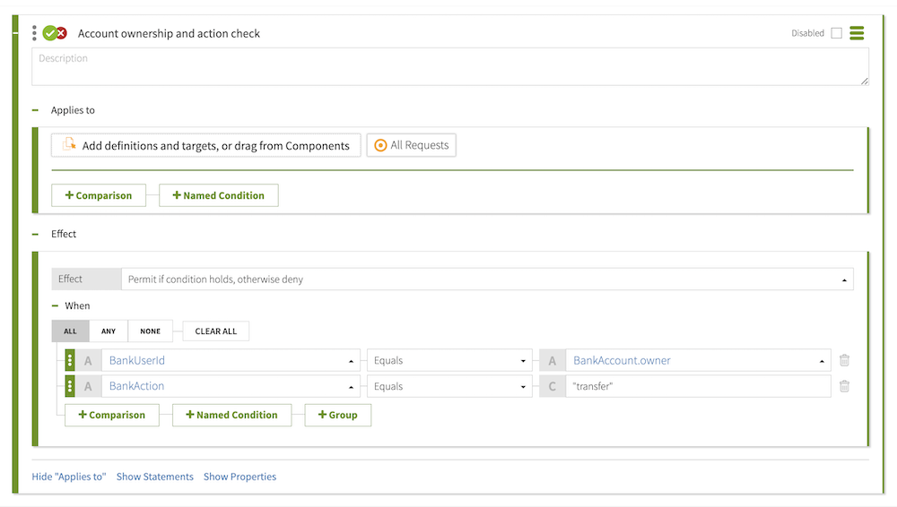 Screen capture of an example bank permission policy checking whether the BankUserId attribute value matches the BankAccount.owner attribute value, and whether the BankAction attribute value matches the 