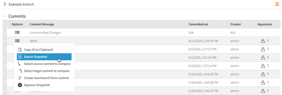 Screen capture of the Commits table with the Export snapshot highlighted for a specific commit.