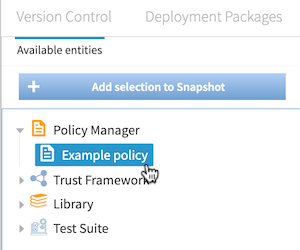 Screen capture of the Available entites list on the Export Partial Snapshot tab.
