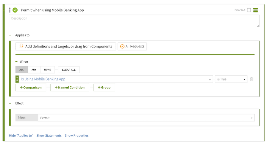 Screen capture of a rule with an Applies to condition and a Permit effect.