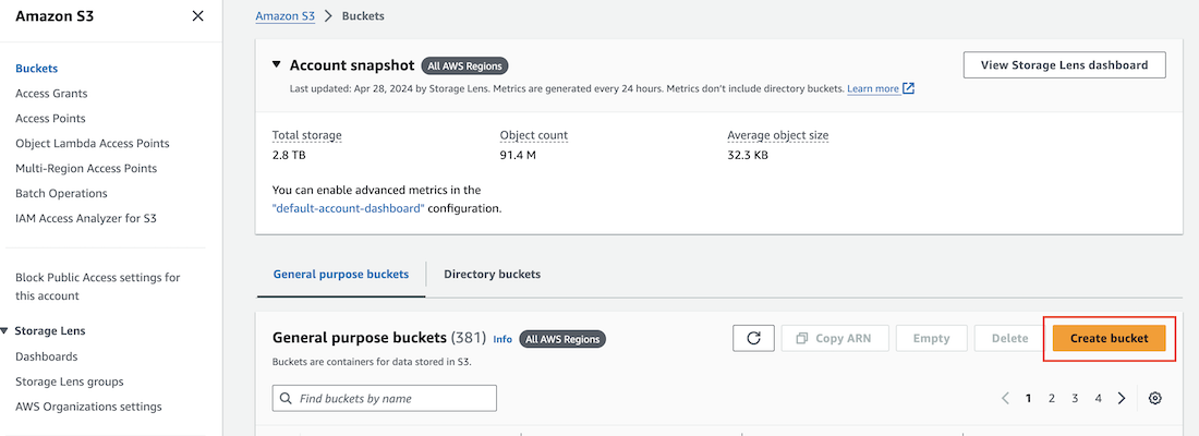 Screen capture of the AWS S3 Buckets page, with the 