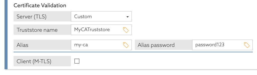 Screen capture of the Certificate Validation section illustrating a configured trust store.