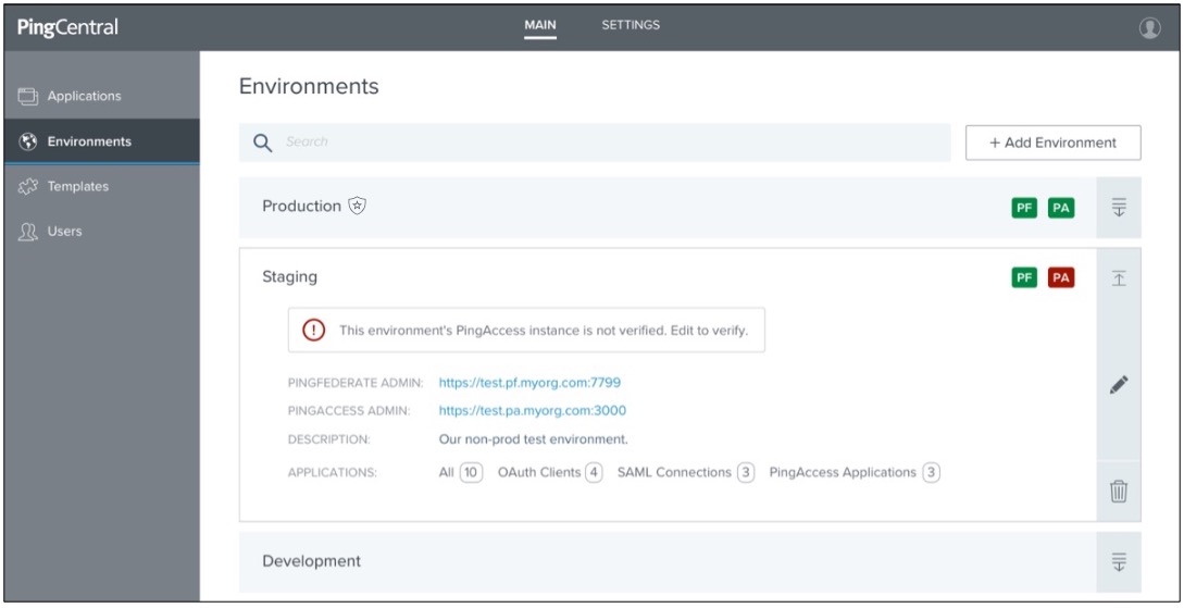 A screen capture showing the Environments page, which lists all of the environments and displays details regarding each environment when the associated expandable icon is clicked.