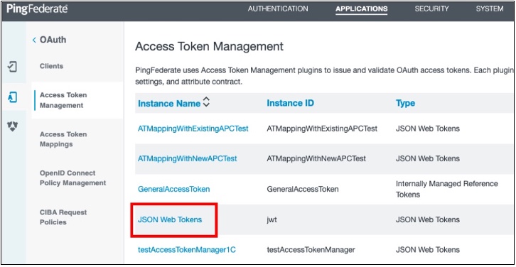 In this example, JSON Web Tokens are configured on the Access Token Management page in PingFederate.