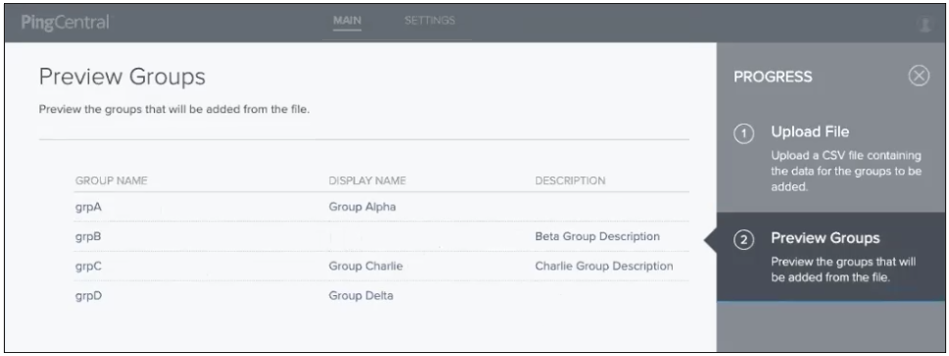 A screen capture showing the Preview Groups page and the information uploaded in the CSV file.