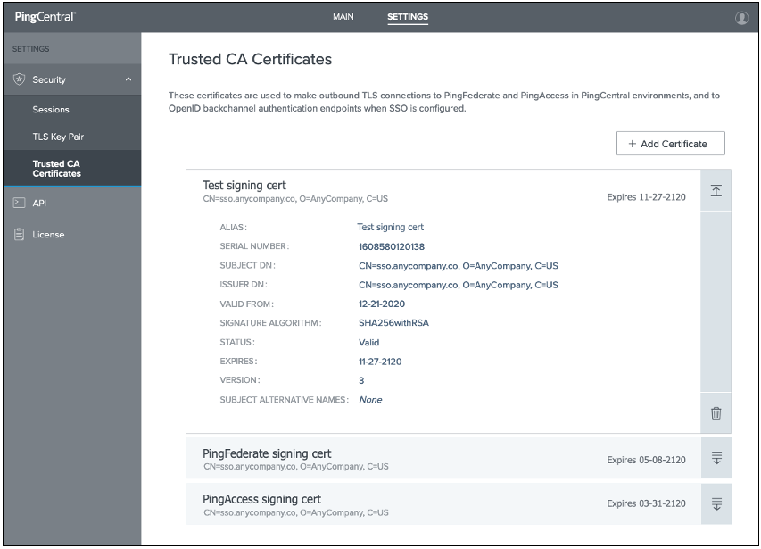 An screen capture of the Trusted CA Certificate page containing several certificates. The Test signing cert certificate is expanded.