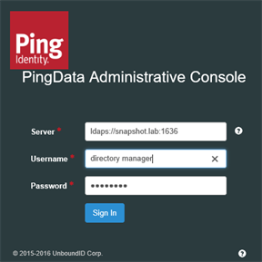 Screen capture of the PingData Administrative Console sign on screen showing the Server, Username, and Password fields