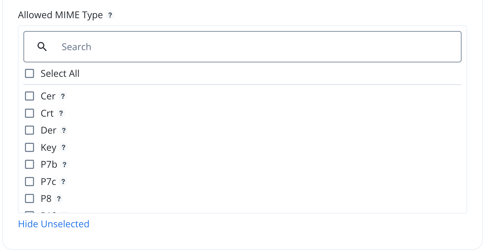 Screen capture showing the Delegated Admin new certificate attribute Allowed Mime Type options.