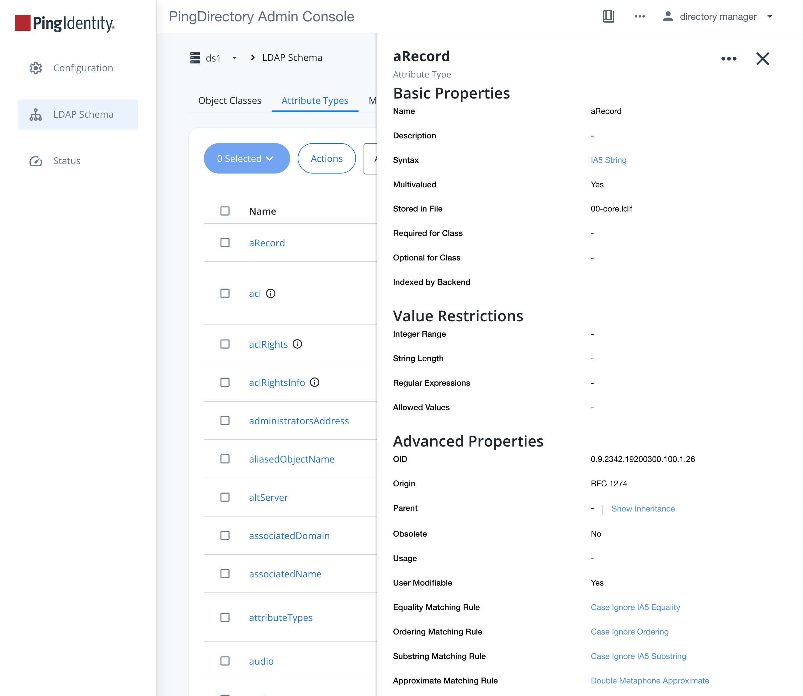A screen capture of the aRecord attribute window displaying sample data for the properties and restrictions of the attribute.