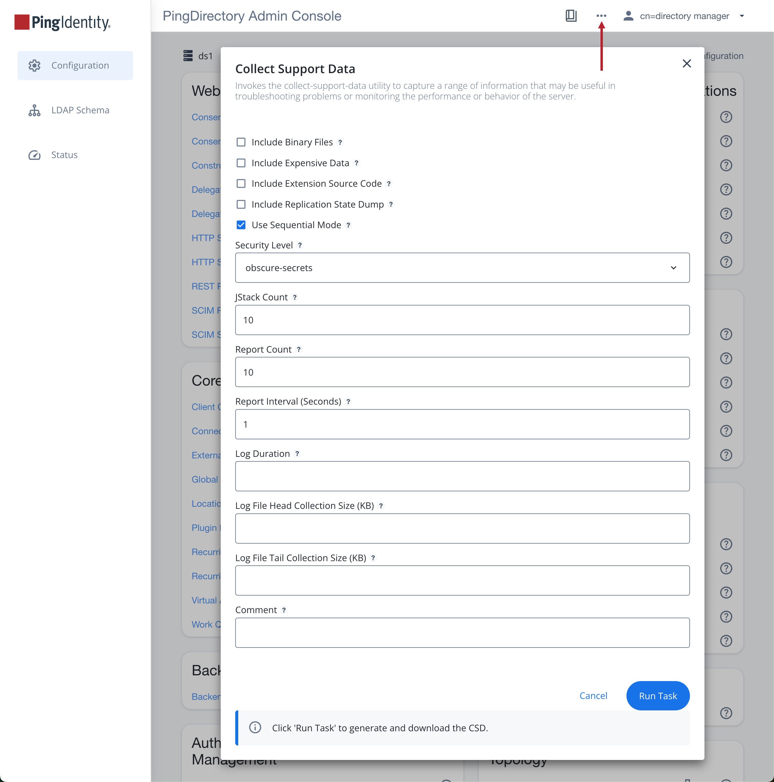 A screen capture of the admin console displaying the Collect Support Data modal and the location of the More Options menu.